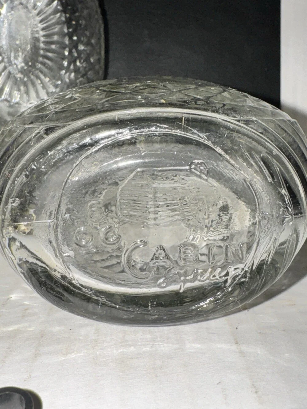 Vintage Log Cabin Syrup Bottles Pair Clear Glass Sunburst Diamond Pattern